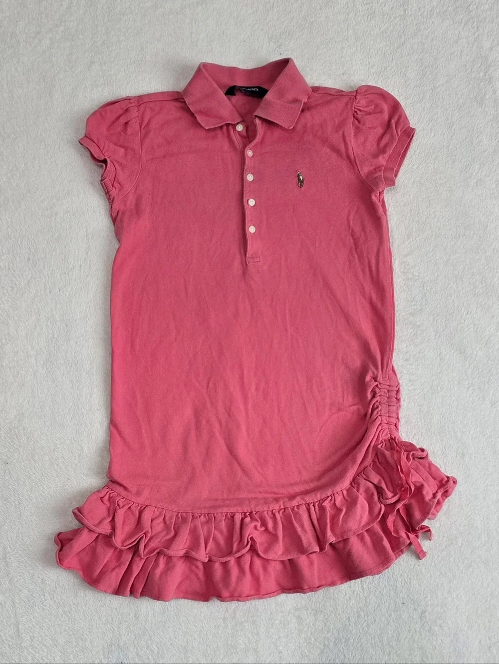 Girl's Ralph Lauren Pink Dress Ruched Pique Polo Dress with Ruffles Size Small 8